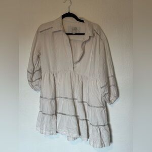 Anthropologie Maeve  Bettina Linen Blend Tiered Shirt Dress White SP